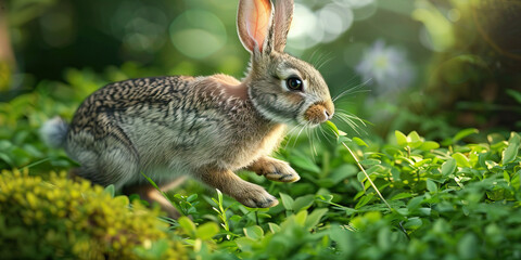 A rabbit hopping through a grassy field, nibbling on fresh greenery.