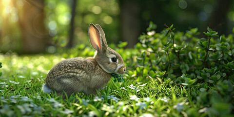 Obraz premium A rabbit hopping through a grassy field, nibbling on fresh greenery.