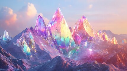Colorful crystal mountains under a dreamy pastel sky