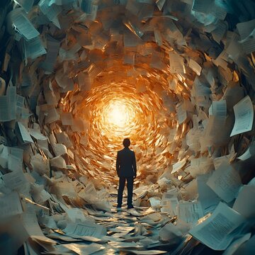 Man walking into paper vortex in glowing tunnel