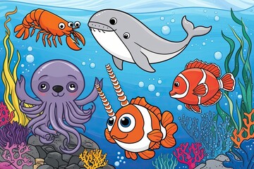 Obraz premium Charming Marine Life: Shrimp, Seal, Squid, Narwhal, and Clownfish Illustrations for Kids' Coloring Book