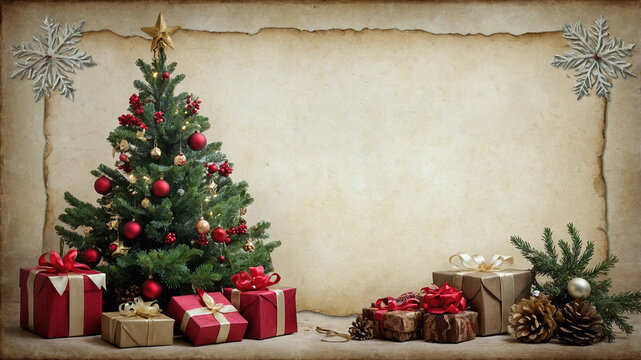 Belleza Navide&ntilde;a Cl&aacute;sica. &Aacute;rbol Decorado y Regalos con fondo de Papel de Pergamino. Fondo navide&ntilde;o para escribir.