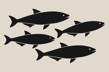 Obraz premium A set of 4 Salmon fishes isolated silhouette black vector art illustration
