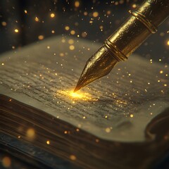 Golden pen writing on ancient book, magical sparkles effect.