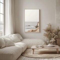A serene coastal landscape decorates a bright living room, complementing its neutral tones and soft natural light beautifully.