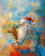 Santa sitting and contemplating, taking a pause and preparing for his task with an elk sitting next to him on a dreamy background.