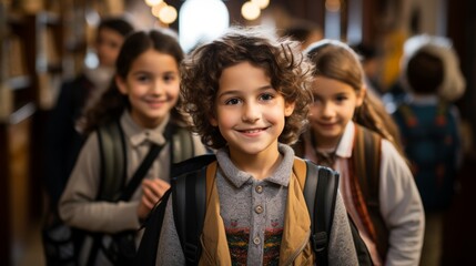 Fototapeta premium Group of school children smiling and walking outdoors