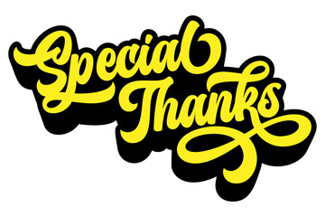 Words ‘Special Thanks’ written in retro groovy three-dimensional script lettering