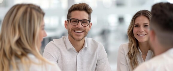 Obraz premium Engaging Team Collaboration: Building Connections Through Smiles and Conversation