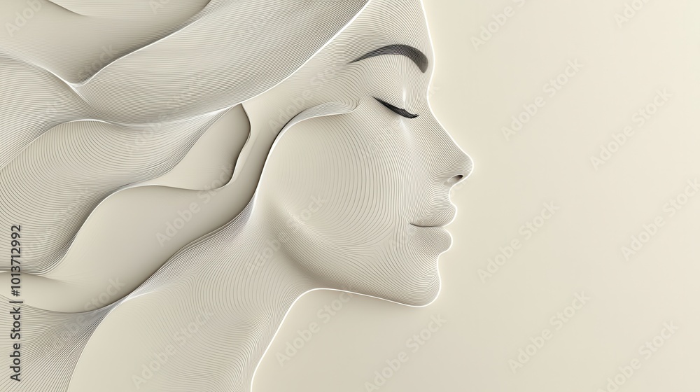 Poster soft, flowing lines define a minimalist female face, emphasizing beauty and serenity through abstrac