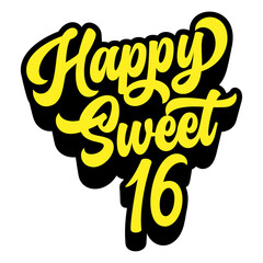 Words ‘Happy Sweet 16’ written in retro groovy three-dimensional script lettering