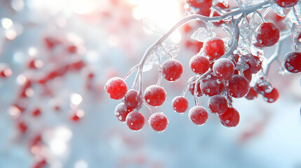3D Glossy Frozen Red Berries on Ice-Covered Branch with Clean Copy Space - Striking Winter Image Close-Up