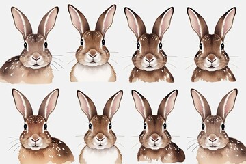 Fototapeta premium Joyful Watercolor Illustrations of Spotted Rabbits on White Background