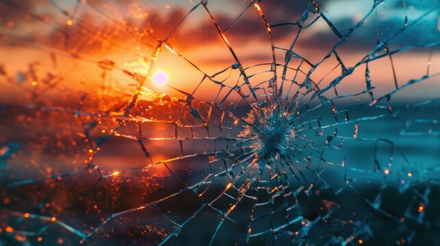 Shattered broken window glass closeup, sunset in the background