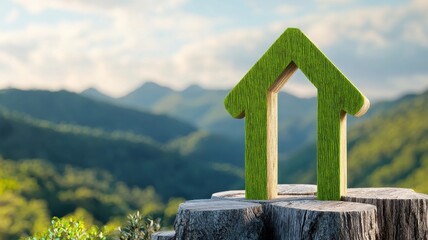 A green house symbol on a wooden stump, set against a backdrop of mountains, representing eco-friendly living and nature.
