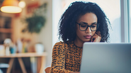 woman with glasses, deep in thought as she types on her laptop at a well-organized home office desk, showcasing a professional freelance environment,