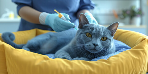 A calming blue cat lying on a comfortable pet bed, while a caring staff member administers necessary vaccinations at an animal hospital.