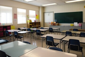 Elementary school classroom interior with light-colored walls, tiles. Natural light floods room through large window. Desks, chairs in rows face front. Educational materials on walls, carpet on floor.