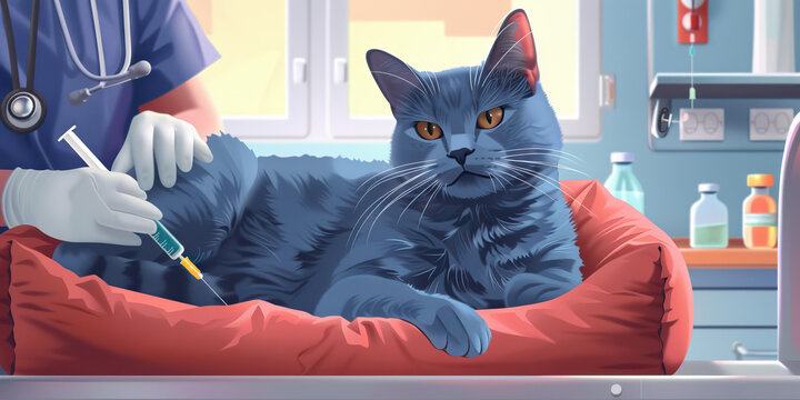 A calming blue cat lying on a comfortable pet bed, while a caring staff member administers necessary vaccinations at an animal hospital.