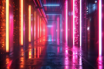Futuristic Neon Corridor with Vibrant Lights for Sci-Fi Design and Architecture