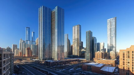 A dramatic upward perspective of sleek glass skyscrapers reflecting sunlight, set against a clear blue sky, showcasing modern urban architecture and design.
