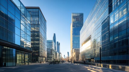 A sleek business district featuring tall glass buildings reflecting the sunrise, creating a serene and modern urban environment with a clear sky.
