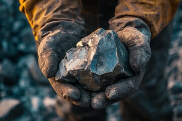 Obraz premium Miner’s hands holding a raw chunk of mineral ore in a mining site