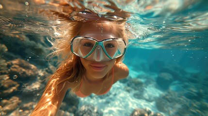 a beautiful blonde woman, she is swimming in deep water, full body shot, free diving, warm water, happy, uplifting, glorious, the sun makes the clear water reflect in warm tones, award winning photogr