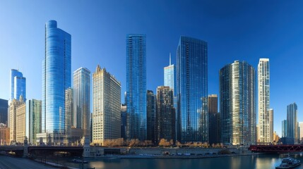 Obraz premium A panoramic view of a city skyline featuring towering glass skyscrapers reflecting the sunlight, located along a river in a bustling urban environment. 