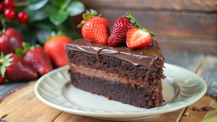 A slice of chocolate cake with chocolate frosting and fresh strawberries on top.