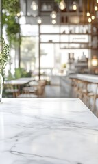 5. **Contemporary Elegance:** Capture the essence of a modern cafe with an empty white marble stone table top, surrounded by tasteful decor and a blurred backdrop. This inviting scene is perfect for