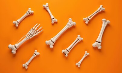 Naklejka premium Skeleton Bones Scattered Across Bold Orange Background for Spooky Halloween Vibe