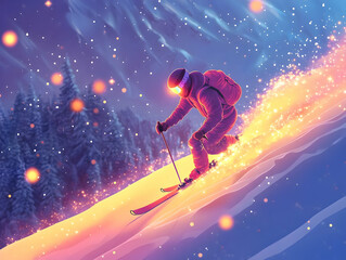 Naklejka premium Dynamic Flat Vector Illustration of a Glowing Skier Descending a Radiant Mountain with Abstract Snowflakes - Perfect for Winter Sports Promotion