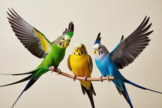Unique Colorful Flying Parakeets in Green Yellow and Blue on Light Background