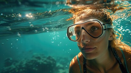 Fototapeta premium a beautiful blonde woman, she is swimming in deep water, full body shot, free diving, warm water, happy, uplifting, glorious, the sun makes the clear water reflect in warm tones, award winning photogr