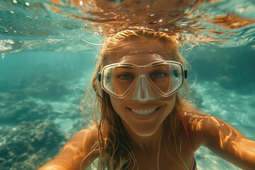 Naklejka premium a beautiful blonde woman, she is swimming in deep water, full body shot, free diving, warm water, happy, uplifting, glorious, the sun makes the clear water reflect in warm tones, award winning photogr