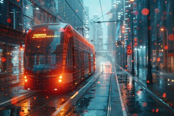 Fototapeta premium A dynamic cityscape with overlays of future bus routes, futuristic transports, passenger icons, and data flow visualizations, symbolizing an interconnected, intelligent transit system