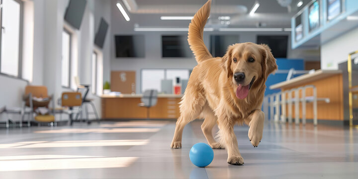 A friendly golden retriever dog wagging its tail as it plays with a blue rubber toy in a spacious and well-lit animal medical center.