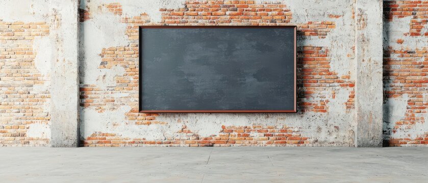 A vintage chalkboard framed in wood, mounted on a rustic brick wall, creating a perfect blend of classic style and industrial charm in a spacious, empty room, 3d illustration concept