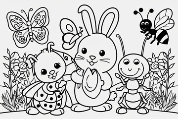 Adorable Garden Creatures Coloring Page Featuring Bunny Butterfly Ladybug and Ant for Kids