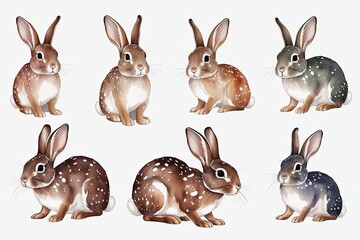 Joyful Watercolor Illustrations of Spotted Rabbits on White Background