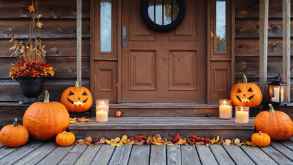 Obraz premium Halloween pumpkins, candles and autumn leaves on the wooden house
