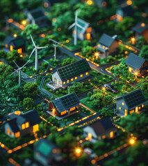 Obraz premium Eco village with solar panels at night. A small village with solar panels and wind turbines glows at night, showcasing eco-friendly energy solutions amidst charming houses.