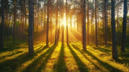 Obraz premium Morning sunrise in forest woods trees nature outdoors outside. Sunlight in beautiful green environment, spring or summer sunshine peak