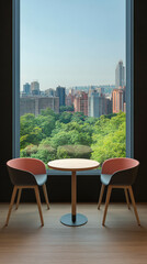Obraz premium Cozy indoor seating with a city view overlooking lush green trees in a modern cafe