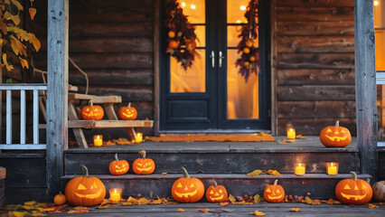 Obraz premium Halloween pumpkins, candles and autumn leaves on the wooden house