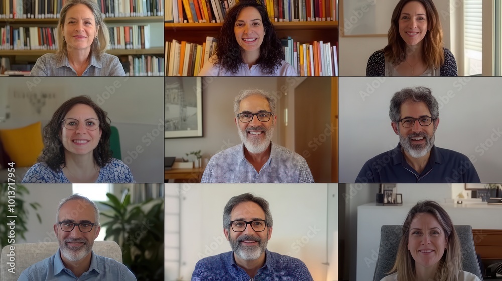 Poster a virtual meeting showcases a diverse group of professionals smiling and interacting from their cozy