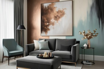 Elegant Tranquil Interior Painting in Soft Bronze Cream Light Teal and Charcoal Colors