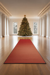 Beautifully decorated Christmas tree in a bright room with a festive red runner leading to it