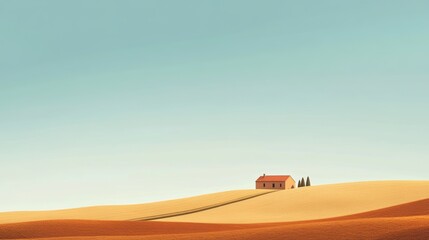 Obraz premium Serene Minimalist Countryside with Rolling Hills and Distant Farmhouse, Emphasizing Tranquility and Simplicity in Nature's Landscape